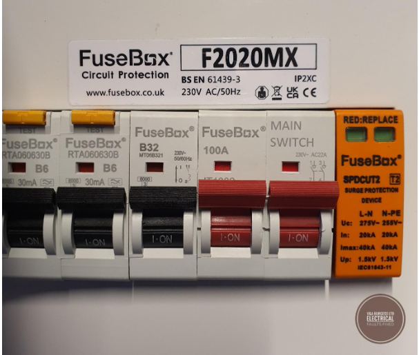 RCBO devices with yellow test button for checking operation. Modern Consumer Unit - Electrical Faults Fixed